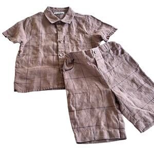 Blumint boys brown linen plaid shirt and shorts matching outfit set size 3